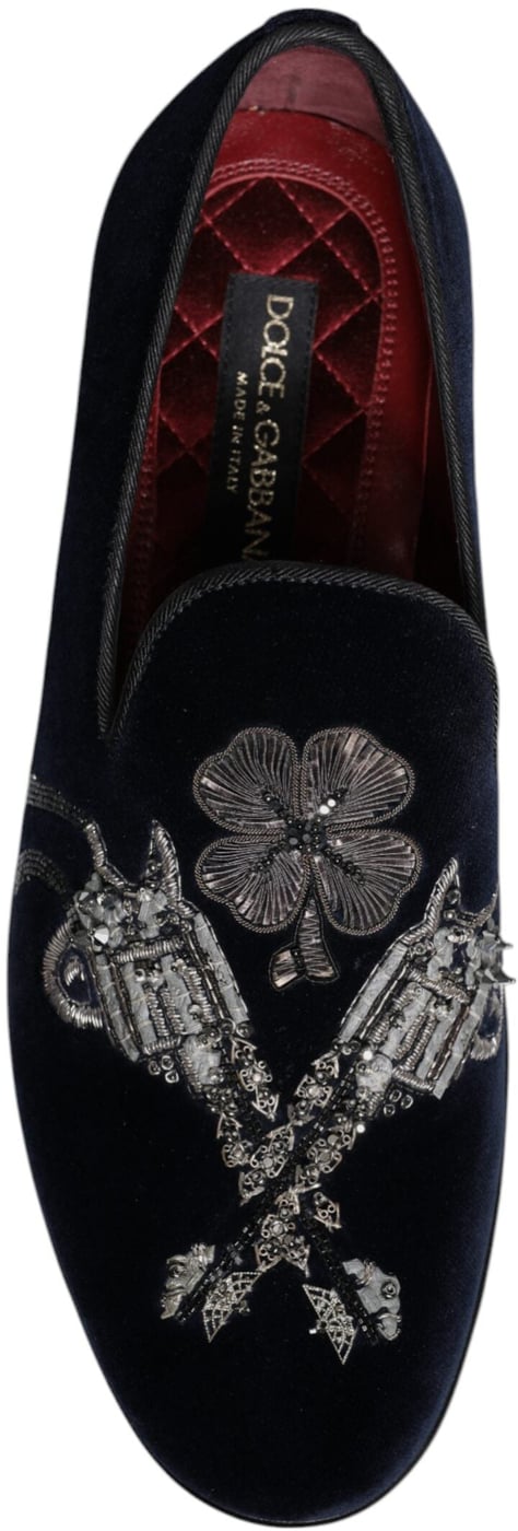 Dolce & Gabbana Black Velvet Floral Gun Loafers Dress Shoes