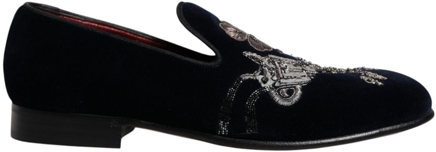 Dolce & Gabbana Black Velvet Floral Gun Loafers Dress Shoes
