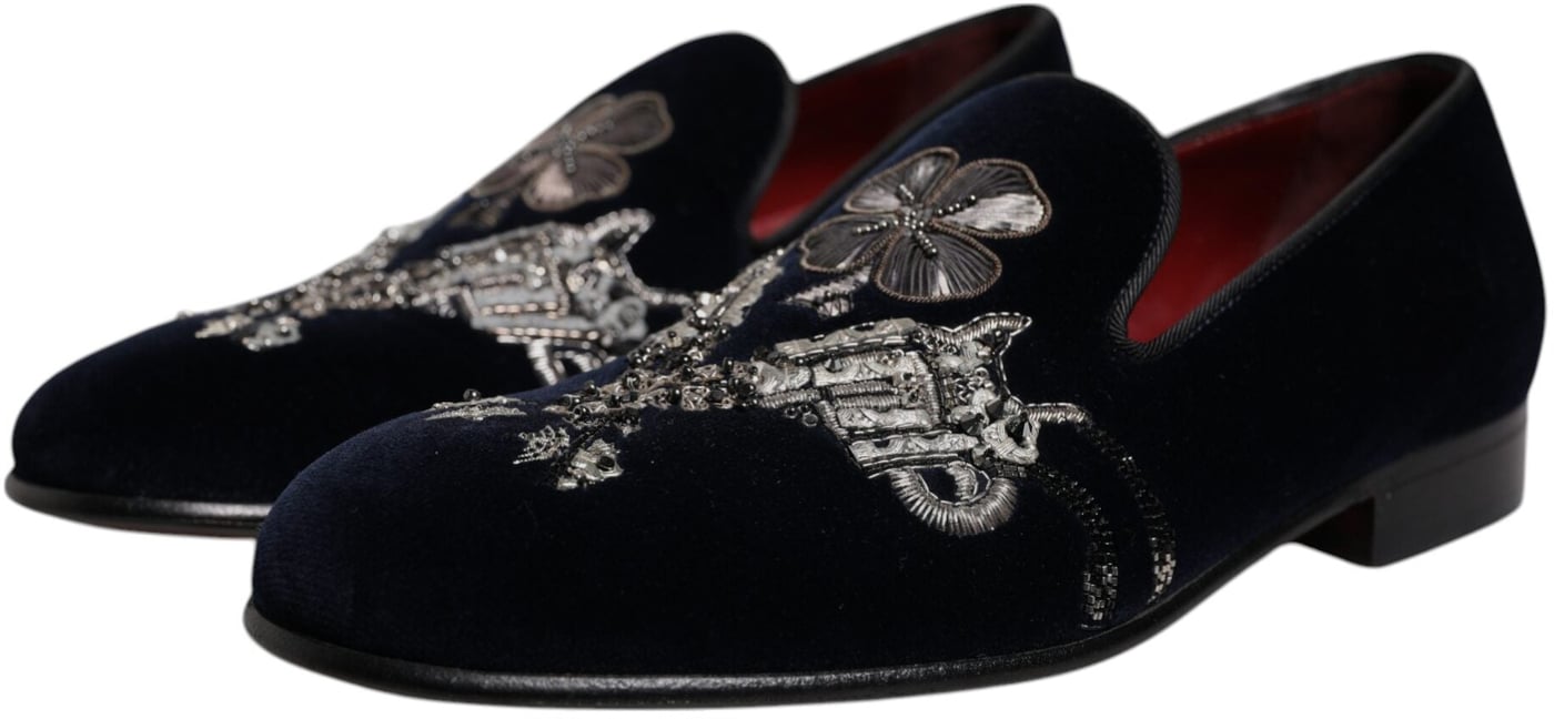 Dolce & Gabbana Black Velvet Floral Gun Loafers Dress Shoes