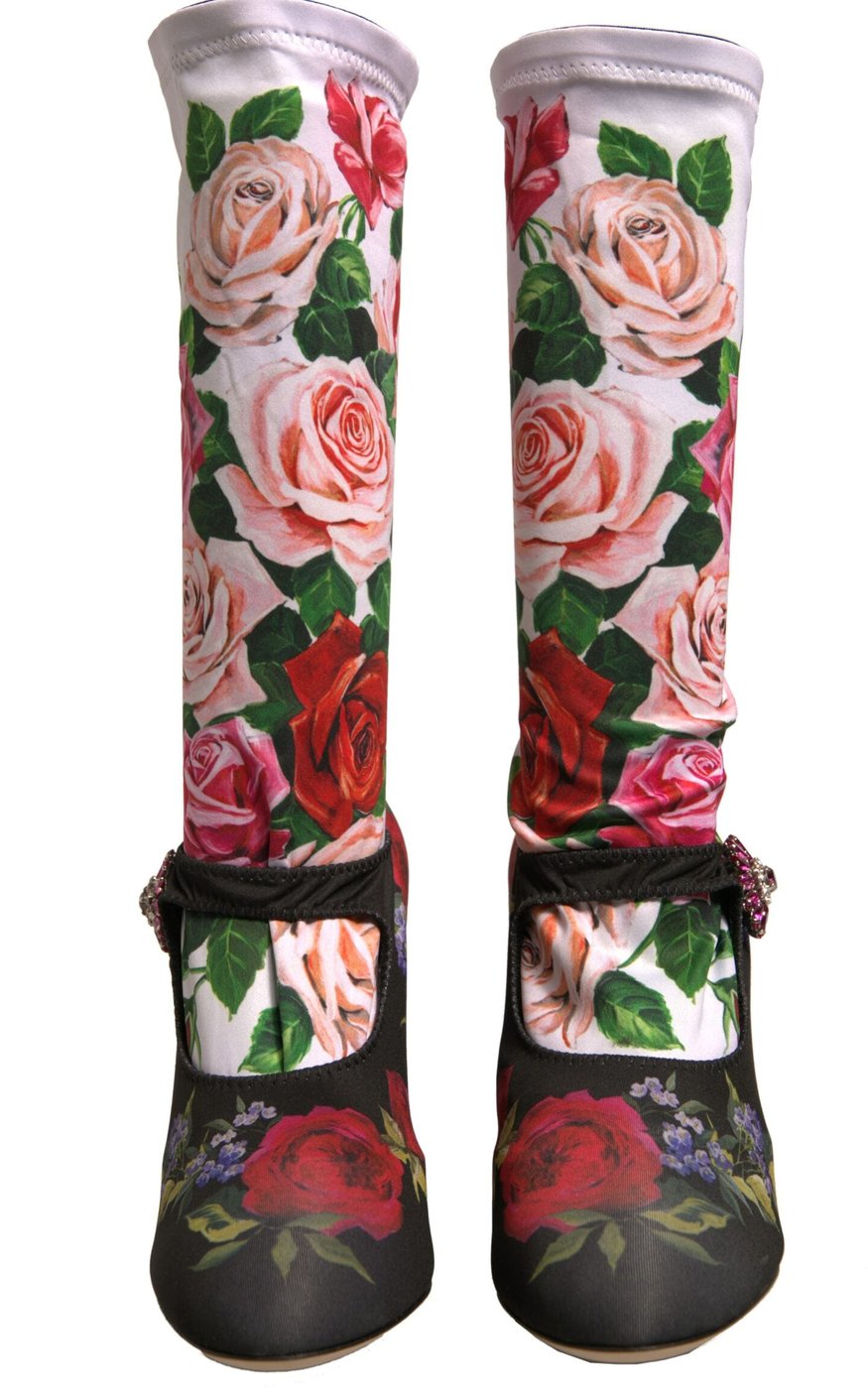 Dolce & Gabbana Black Floral Socks Crystal Boots Jersey Shoes