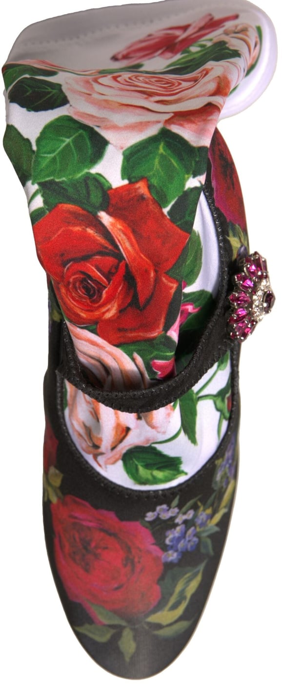 Dolce & Gabbana Black Floral Socks Crystal Boots Jersey Shoes