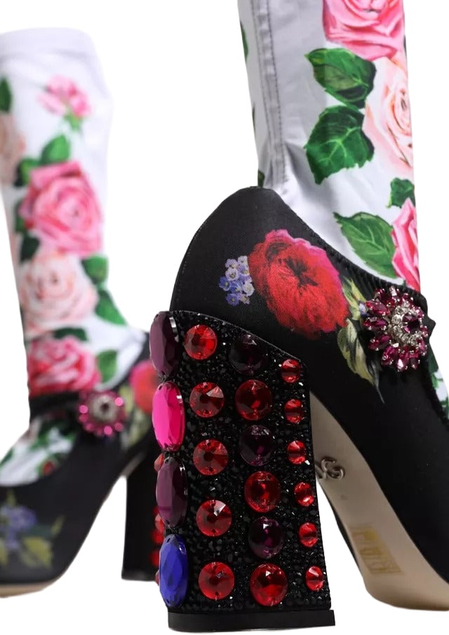Dolce & Gabbana Black Floral Socks Crystal Boots Jersey Shoes