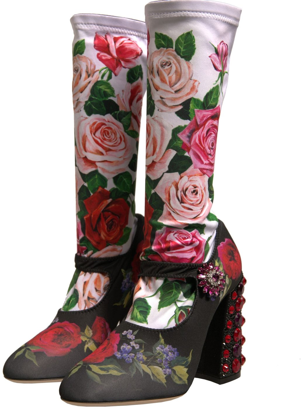 Dolce & Gabbana Black Floral Socks Crystal Boots Jersey Shoes
