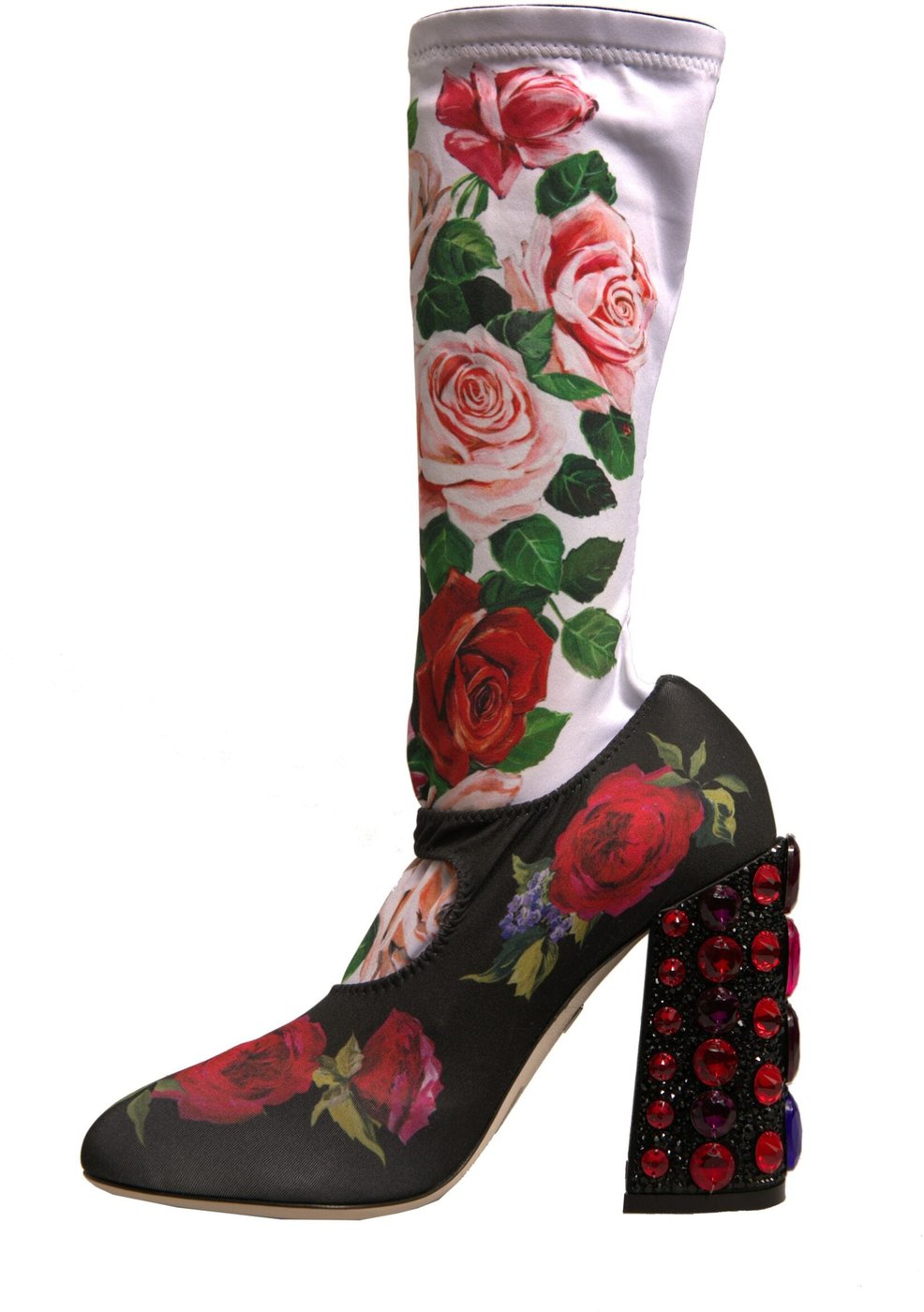 Dolce & Gabbana Black Floral Socks Crystal Boots Jersey Shoes