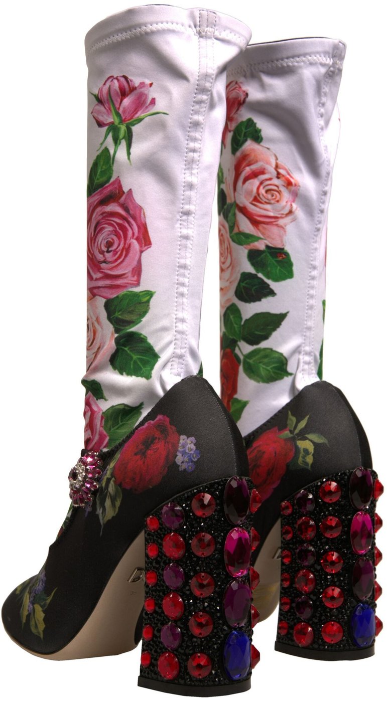 Dolce & Gabbana Black Floral Socks Crystal Boots Jersey Shoes