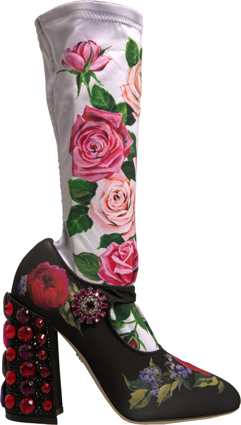 Dolce & Gabbana Black Floral Socks Crystal Boots Jersey Shoes