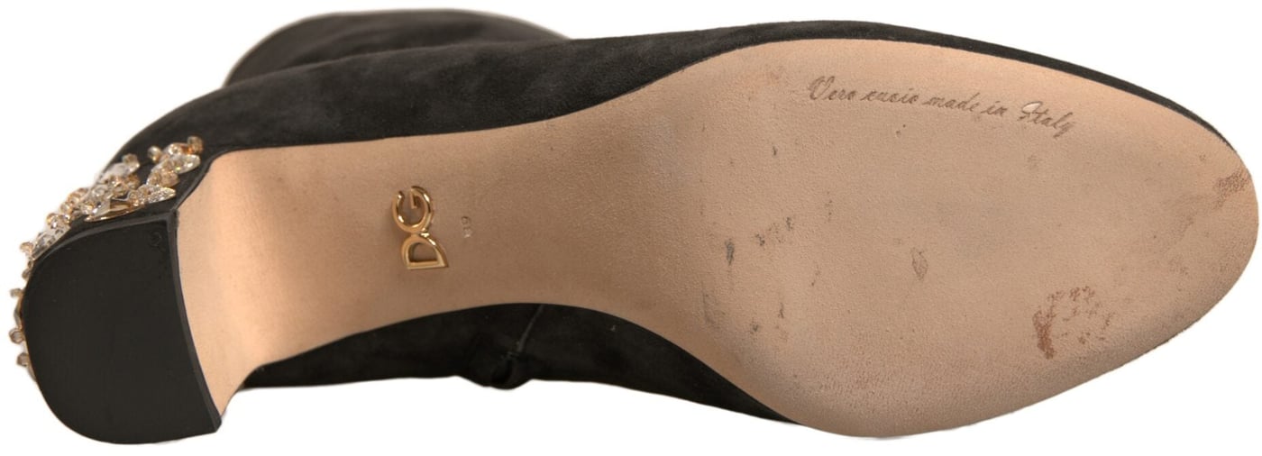 Dolce & Gabbana Black Embellished Heel Ankle Boots Shoes