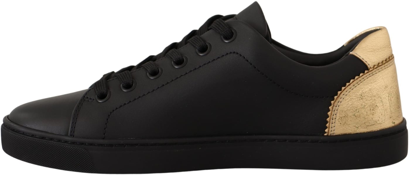Dolce & Gabbana Black Gold Leather Low Top Sneakers Womens Shoes