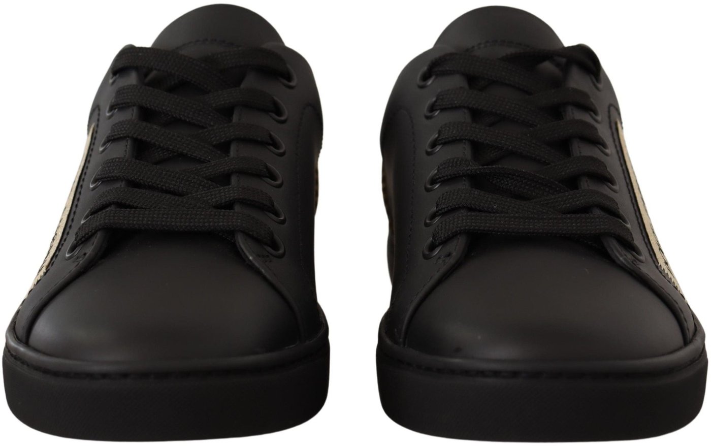 Dolce & Gabbana Black Gold Leather Low Top Sneakers Womens Shoes