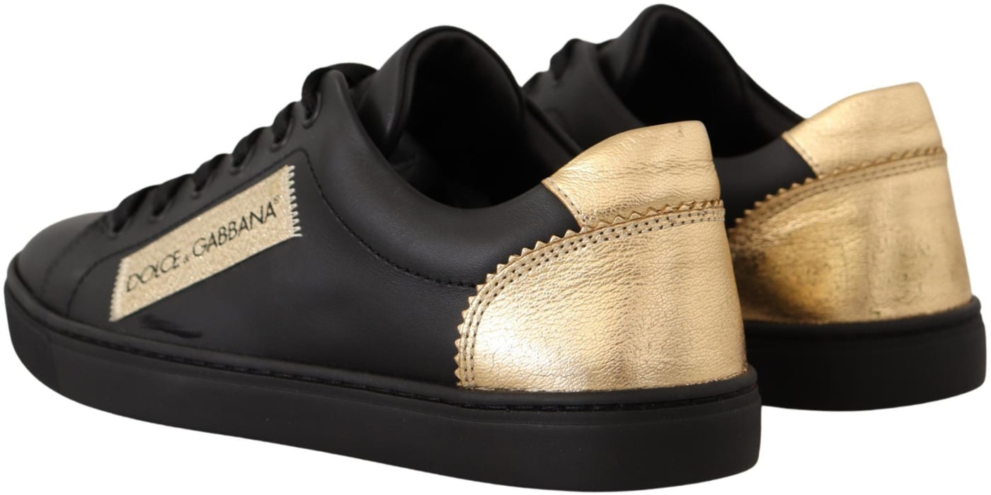 Dolce & Gabbana Black Gold Leather Low Top Sneakers Womens Shoes