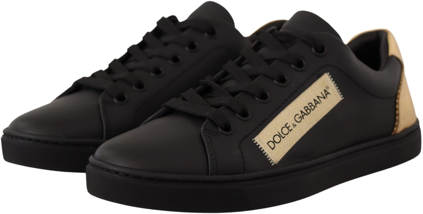 Dolce & Gabbana Black Gold Leather Low Top Sneakers Womens Shoes