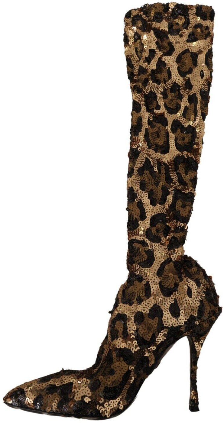 Dolce & Gabbana Gold Leopard Sequins Heels Boots Shoes
