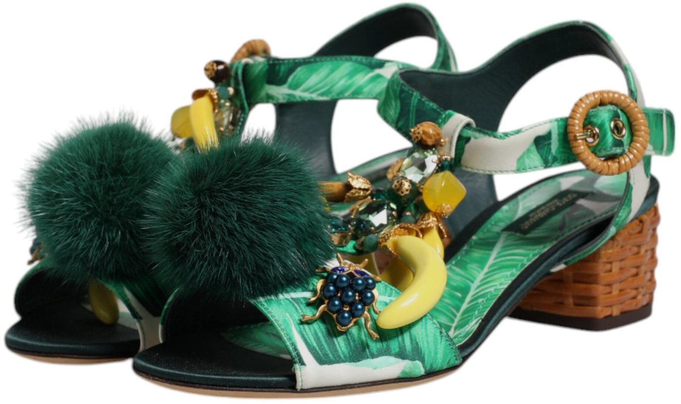 Dolce & Gabbana Green Crystal Fur Embellished Sandals Shoes