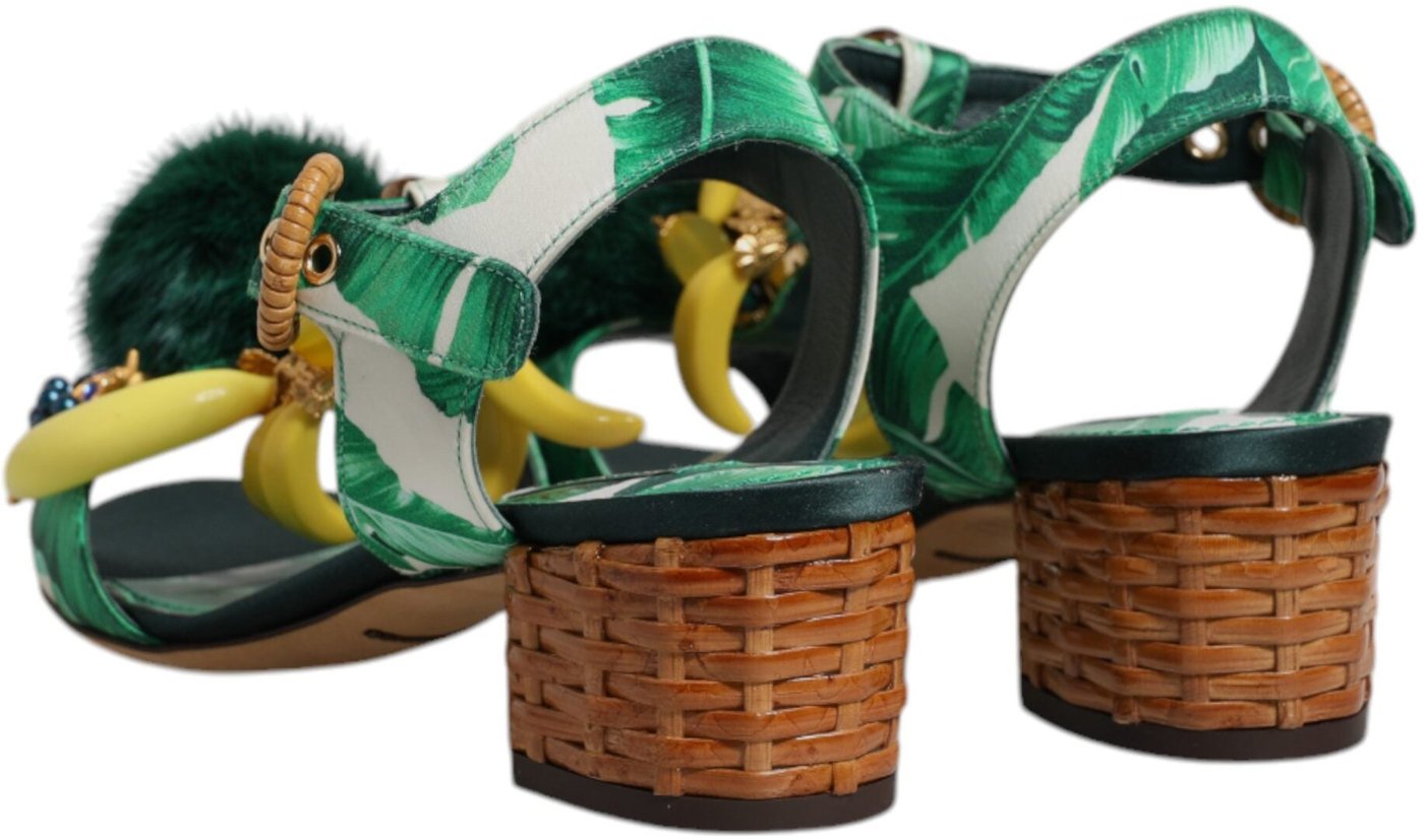 Dolce & Gabbana Green Crystal Fur Embellished Sandals Shoes