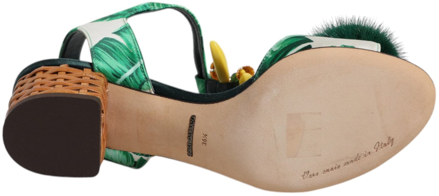 Dolce & Gabbana Green Crystal Fur Embellished Sandals Shoes