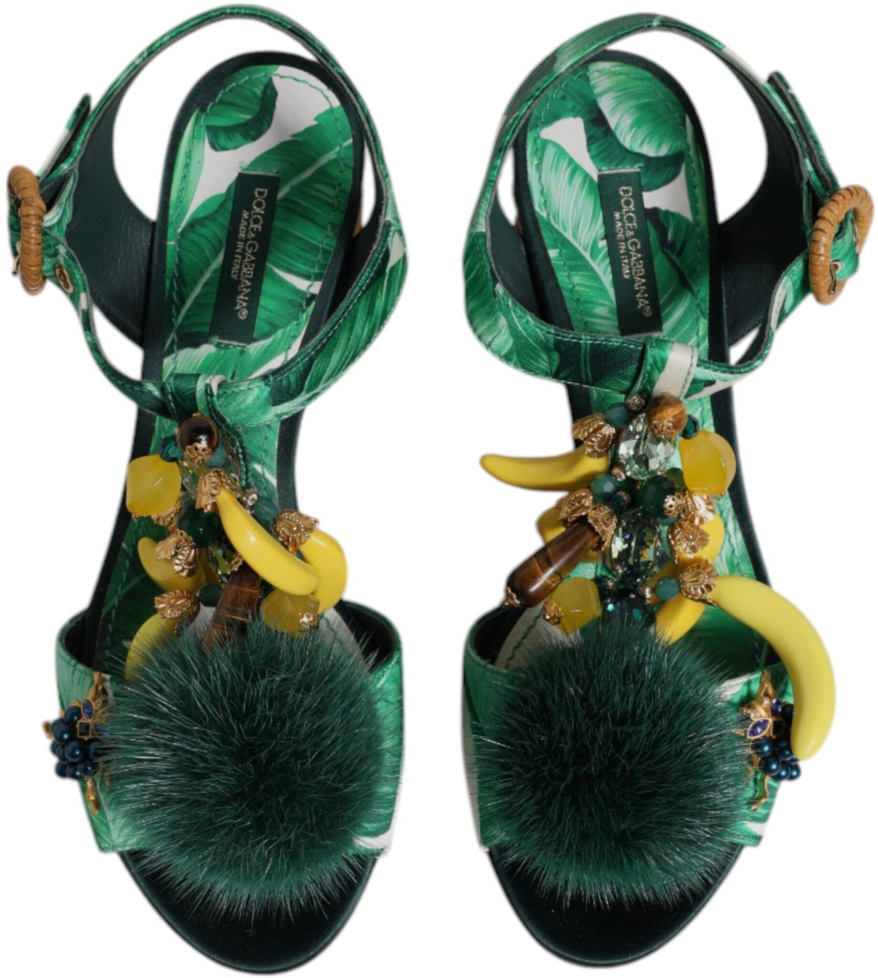 Dolce & Gabbana Green Crystal Fur Embellished Sandals Shoes