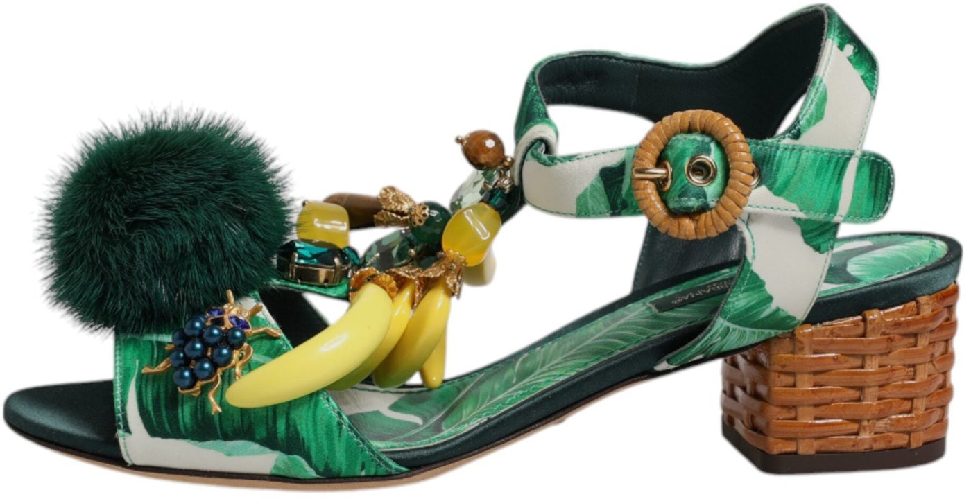 Dolce & Gabbana Green Crystal Fur Embellished Sandals Shoes