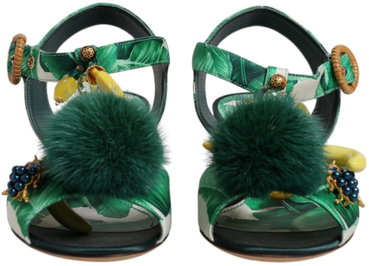 Dolce & Gabbana Green Crystal Fur Embellished Sandals Shoes