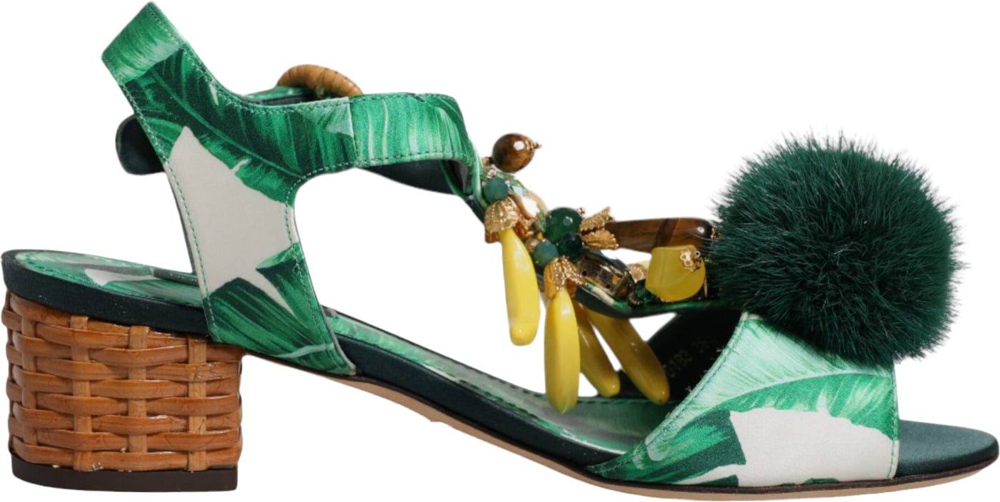 Dolce & Gabbana Green Crystal Fur Embellished Sandals Shoes