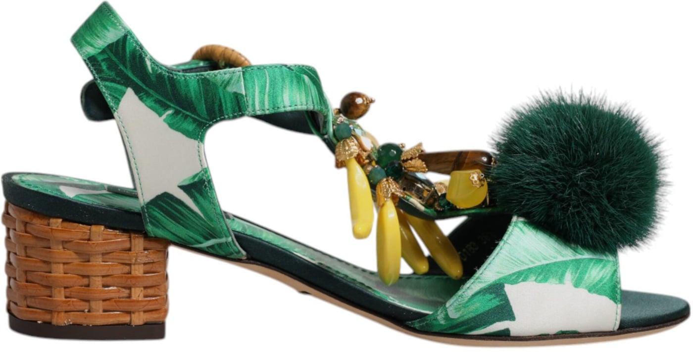 Dolce & Gabbana Green Crystal Fur Embellished Sandals Shoes