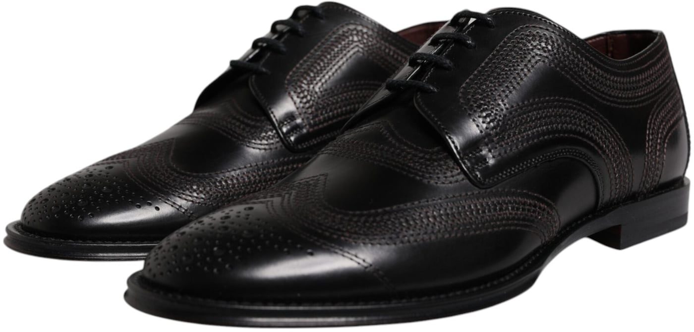 Dolce & Gabbana Black Embroidered Classic Leather Derby Dress Shoes