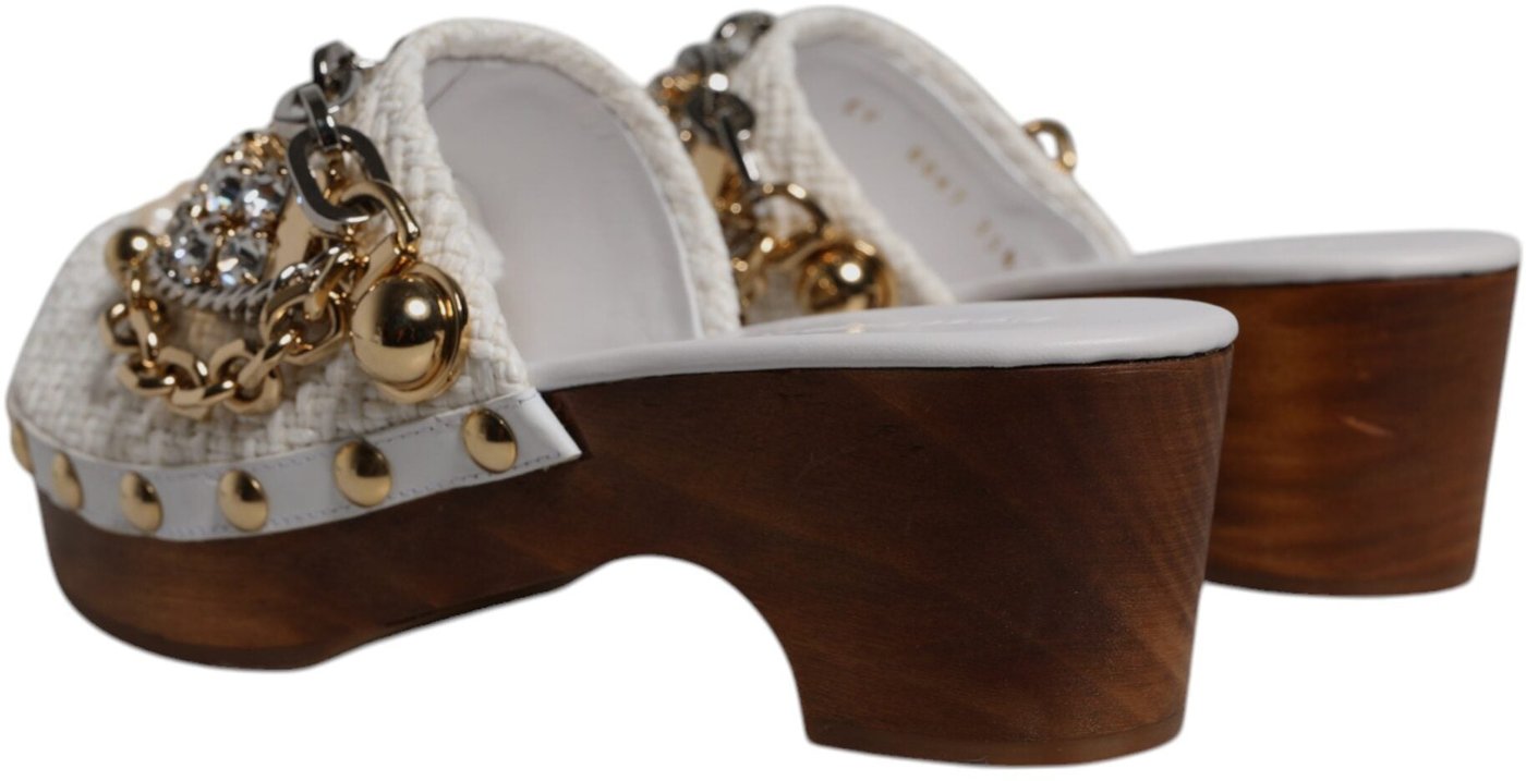 Dolce & Gabbana White Raffia Clogs Bejeweled Chain Sandals Shoes