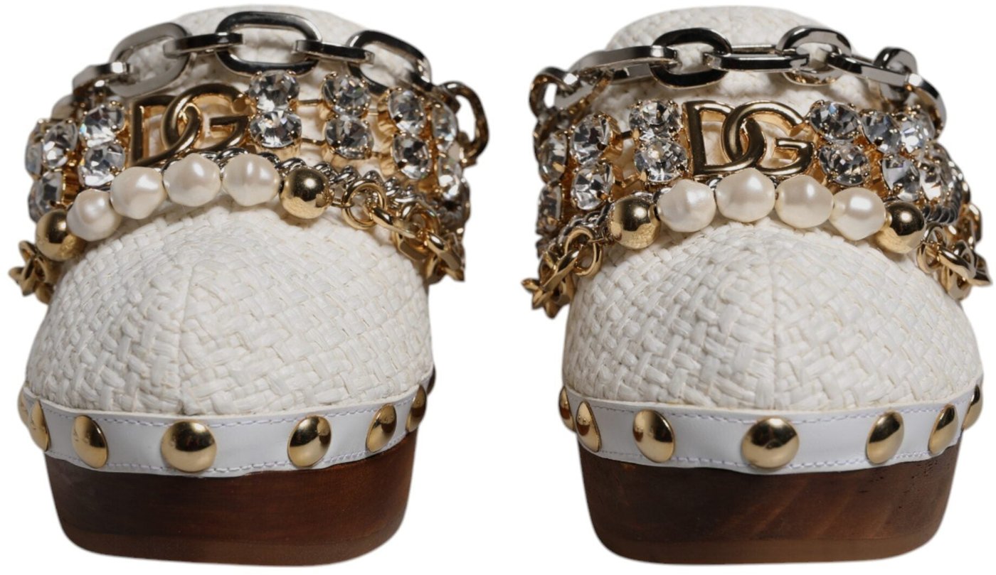 Dolce & Gabbana White Raffia Clogs Bejeweled Chain Sandals Shoes
