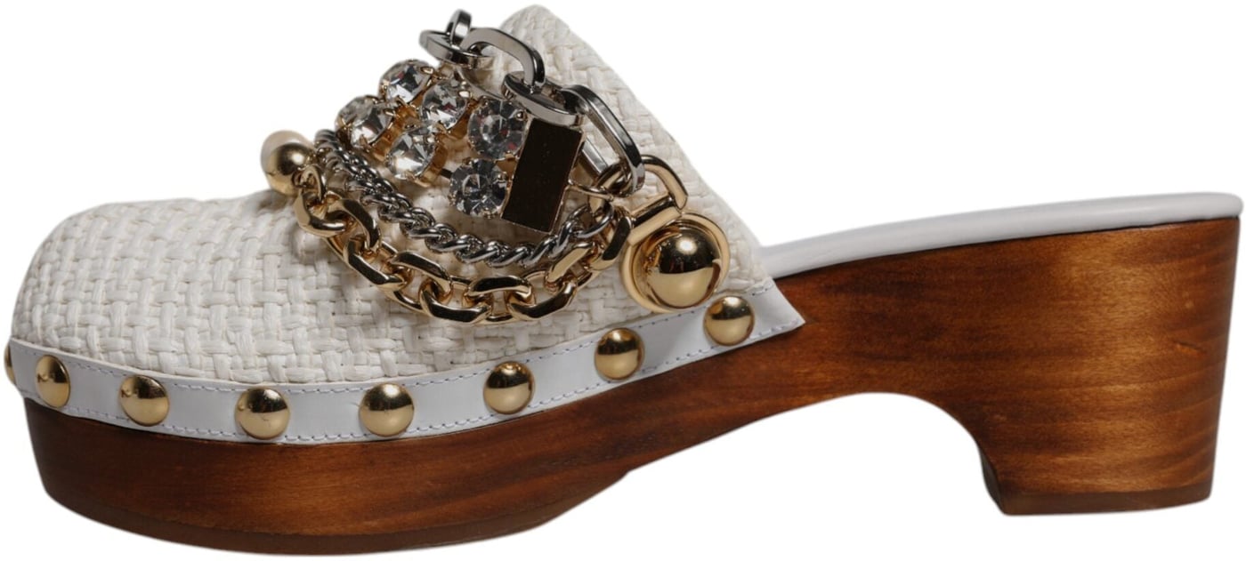 Dolce & Gabbana White Raffia Clogs Bejeweled Chain Sandals Shoes