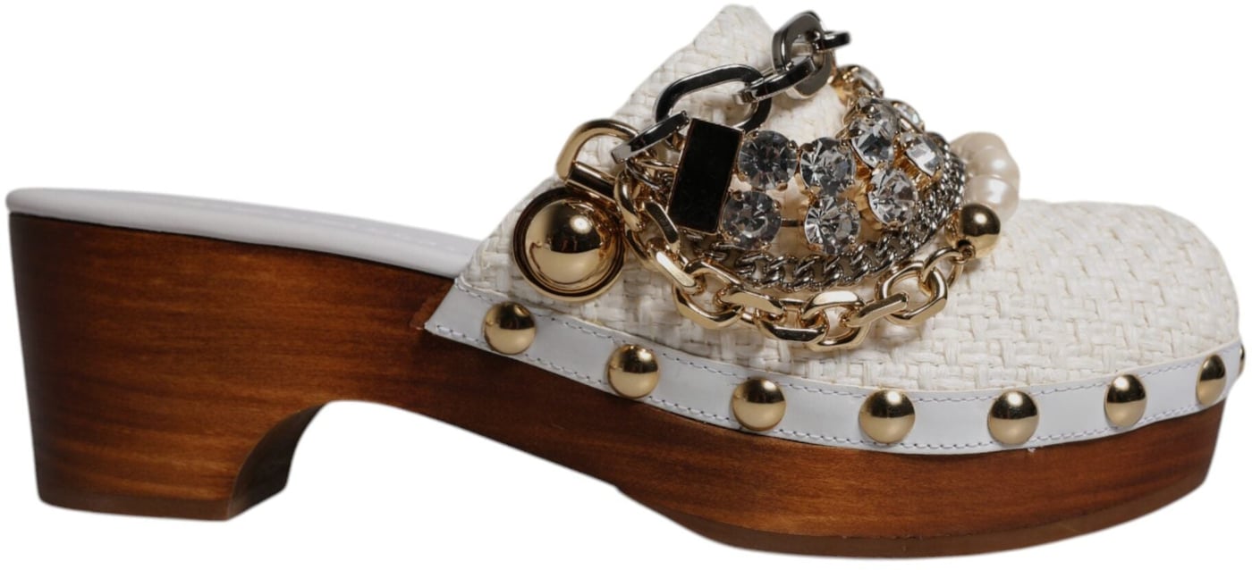 Dolce & Gabbana White Raffia Clogs Bejeweled Chain Sandals Shoes