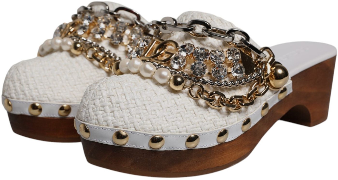 Dolce & Gabbana White Raffia Clogs Bejeweled Chain Sandals Shoes