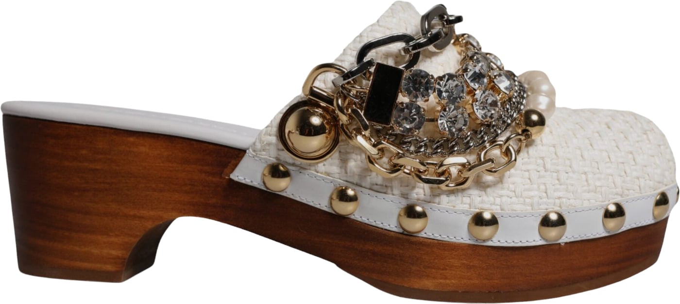 Dolce & Gabbana White Raffia Clogs Bejeweled Chain Sandals Shoes