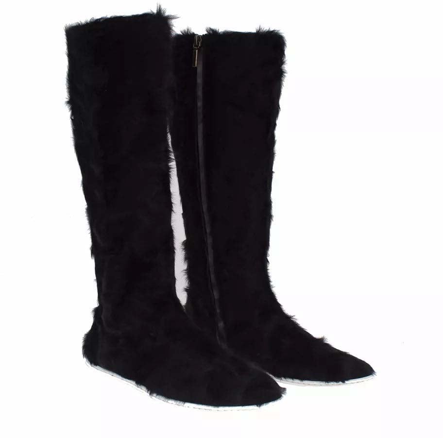 Dolce & Gabbana Black Xiangao Lamb Fur Leather Boots Shoes
