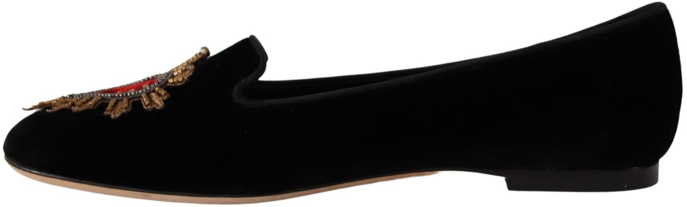 Dolce & Gabbana Black DG Sacred Heart Patch Slip On Flat Shoes