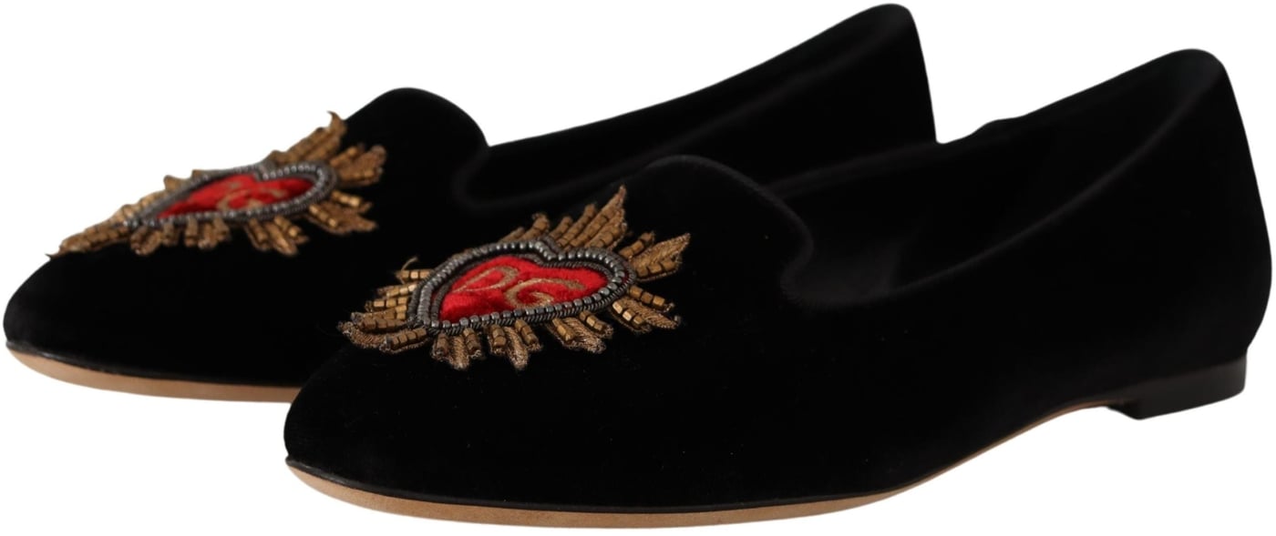Dolce & Gabbana Black DG Sacred Heart Patch Slip On Flat Shoes