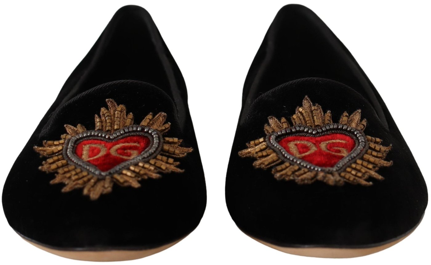 Dolce & Gabbana Black DG Sacred Heart Patch Slip On Flat Shoes