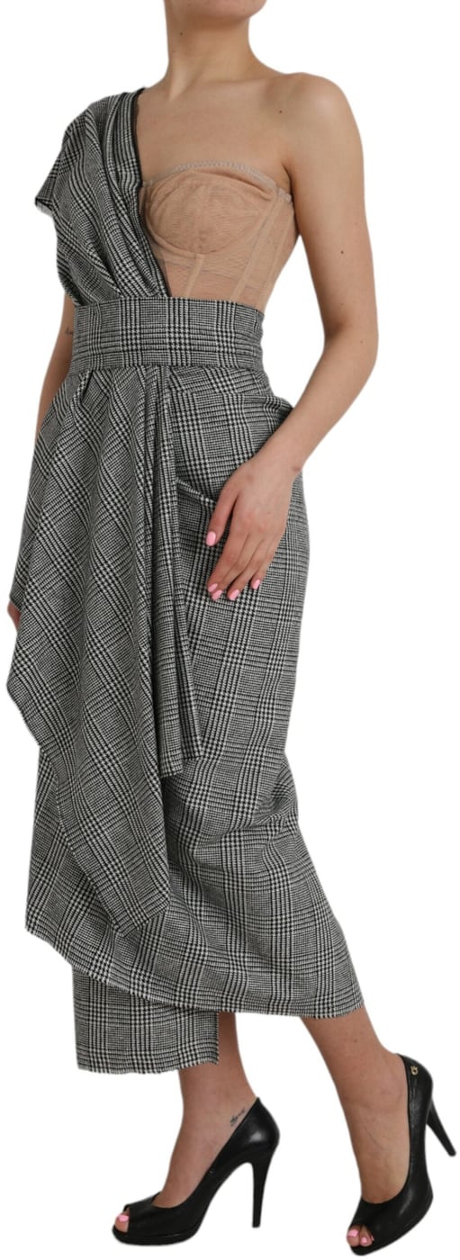 Dolce & Gabbana Gray Beige Layered One Shoulder Maxi Dress