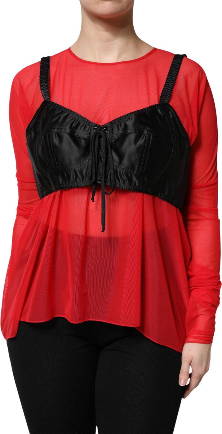 Dolce & Gabbana Red Black Bustier Detailing Long Sleeves Top