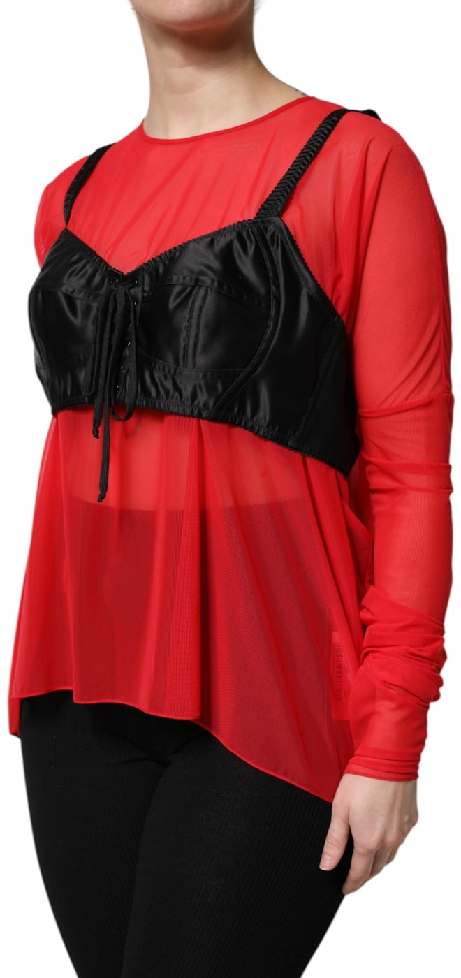 Dolce & Gabbana Red Black Bustier Detailing Long Sleeves Top