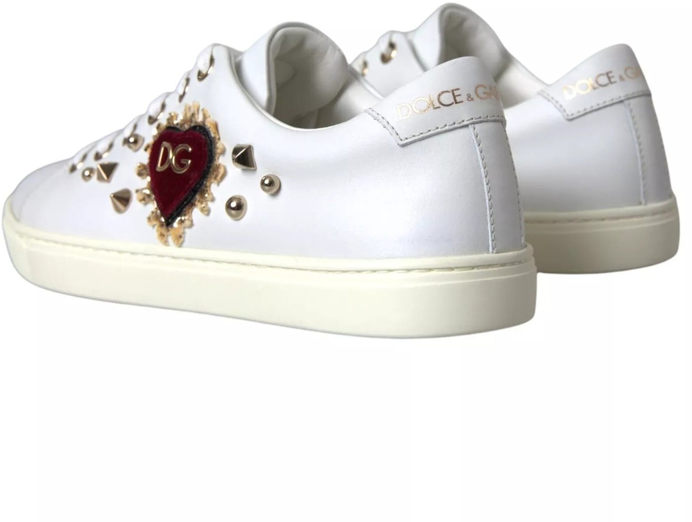 Dolce & Gabbana White Leather Gold Red Heart Sneakers Shoes