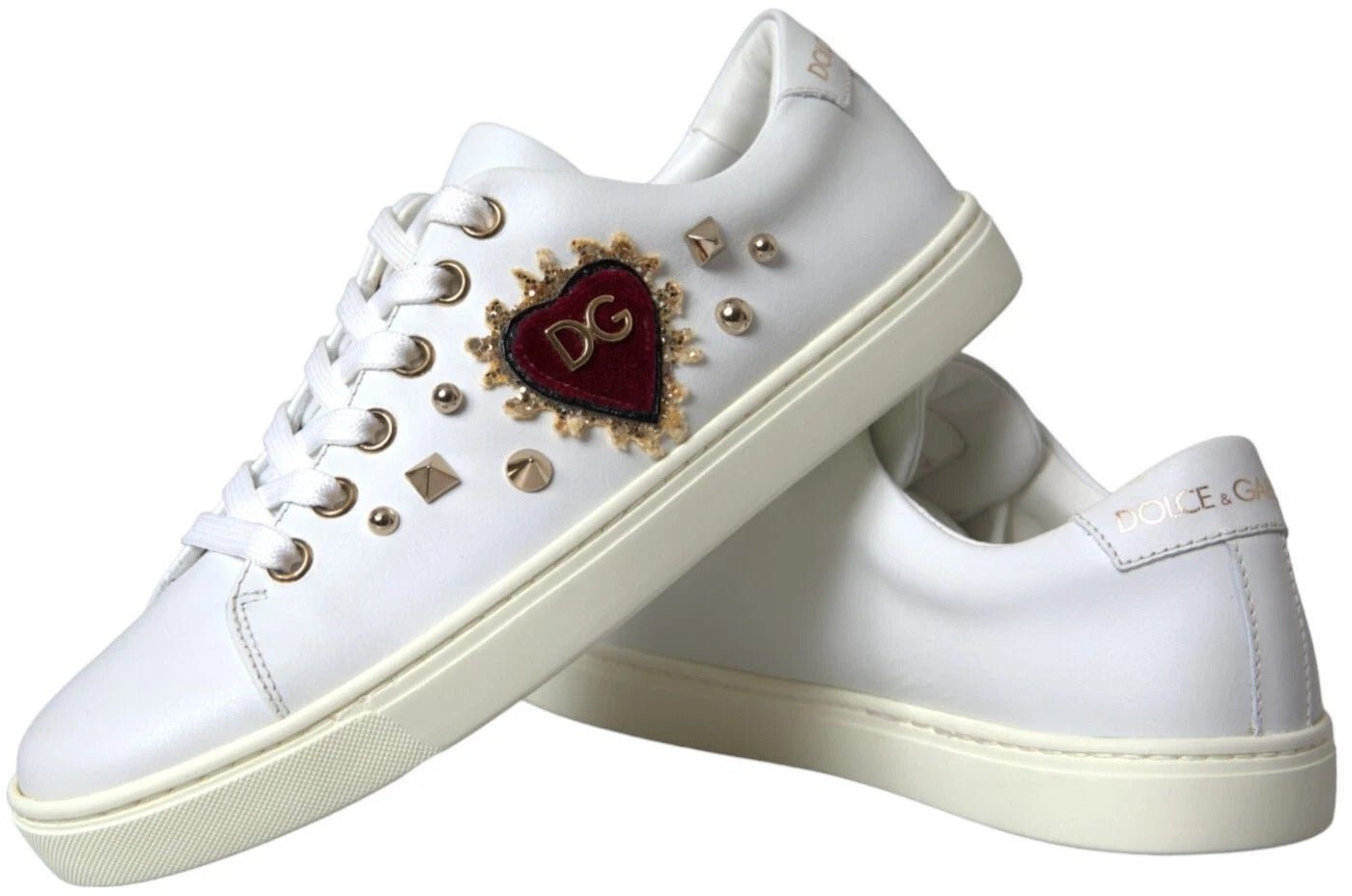 Dolce & Gabbana White Leather Gold Red Heart Sneakers Shoes