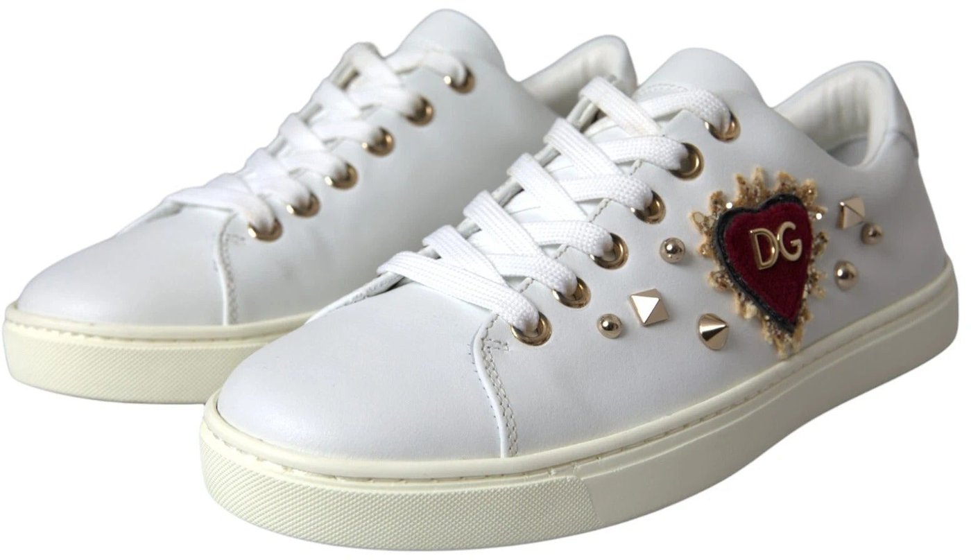 Dolce & Gabbana White Leather Gold Red Heart Sneakers Shoes