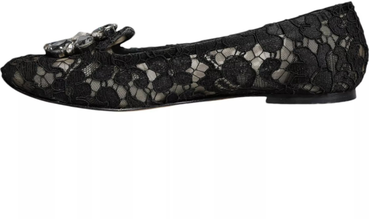 Dolce & Gabbana Black Lace Crystal Ballet Flats Loafer Shoes
