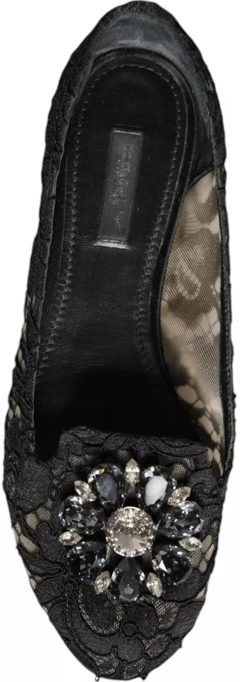 Dolce & Gabbana Black Lace Crystal Ballet Flats Loafer Shoes