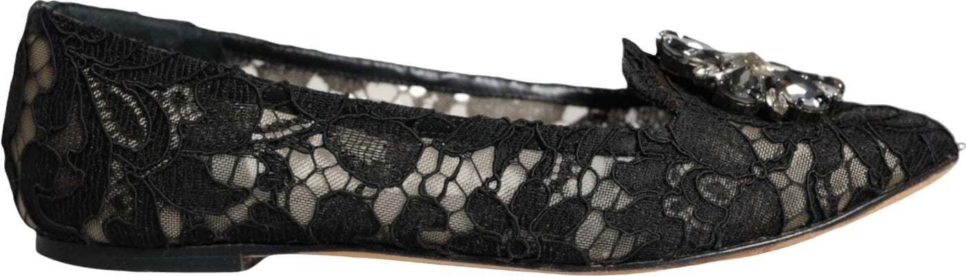 Dolce & Gabbana Black Lace Crystal Ballet Flats Loafer Shoes