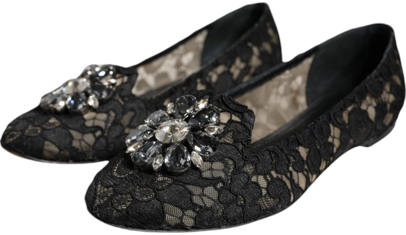 Dolce & Gabbana Black Lace Crystal Ballet Flats Loafer Shoes