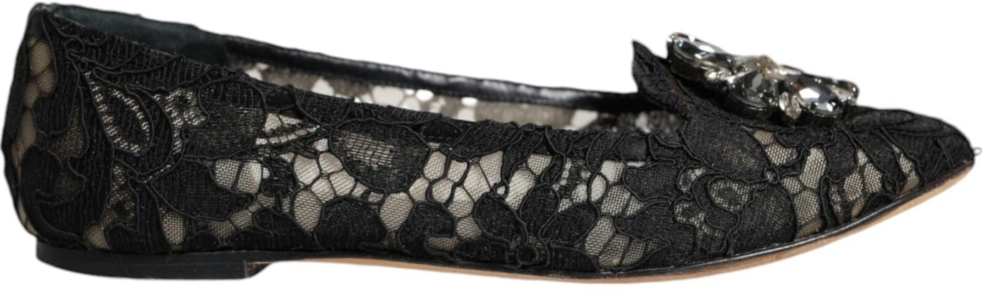 Dolce & Gabbana Black Lace Crystal Ballet Flats Loafer Shoes