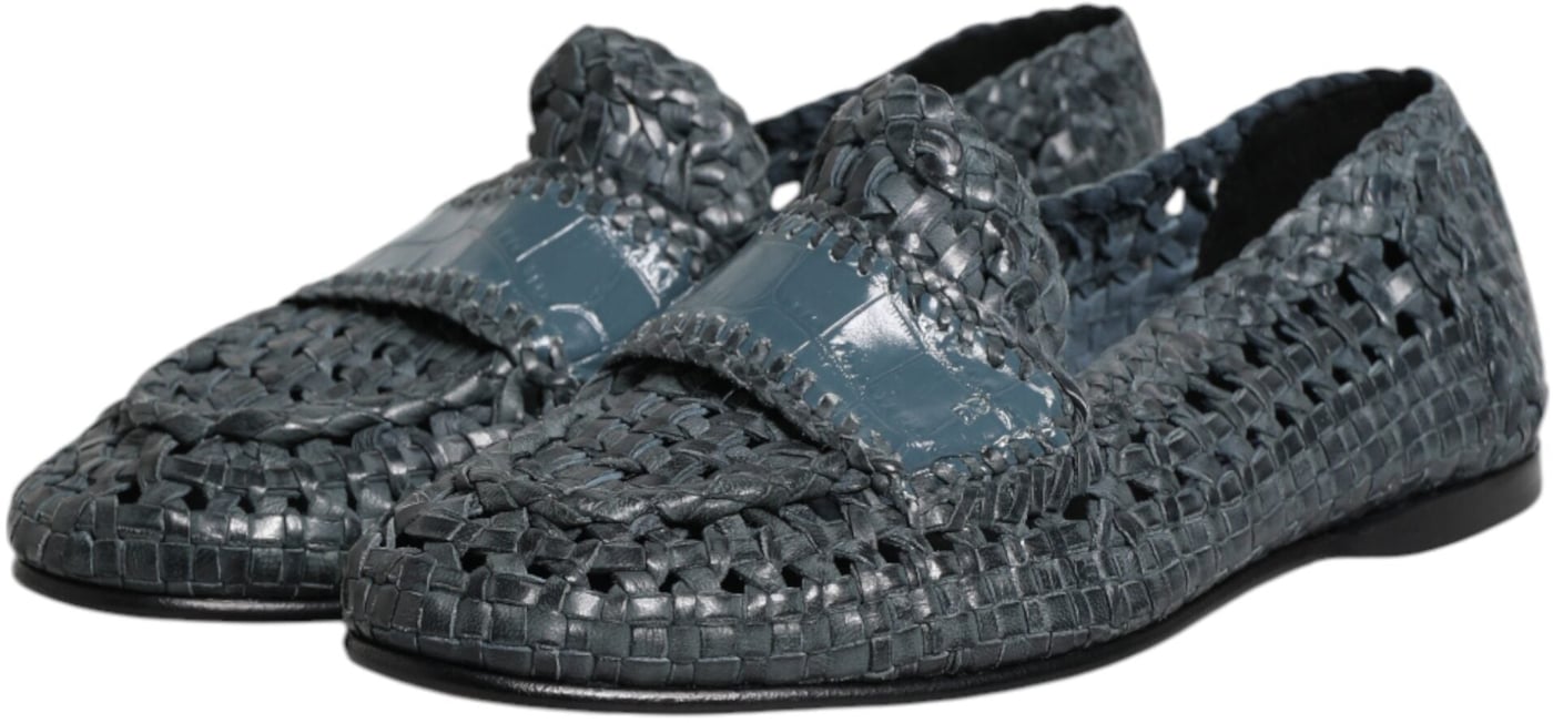 Dolce & Gabbana Blue Woven Leather Slip On Loafers Shoes