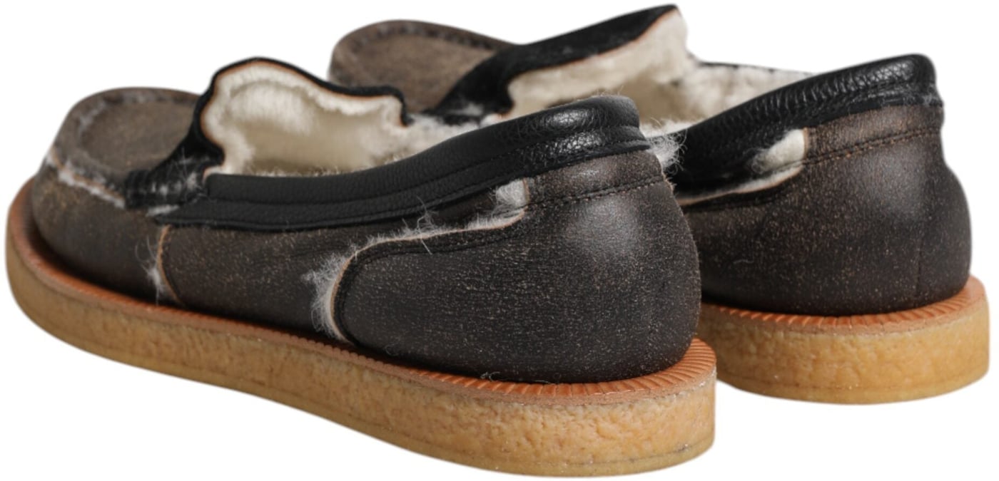 Dolce & Gabbana Brown White Calfskin Leather Loafers Shoes
