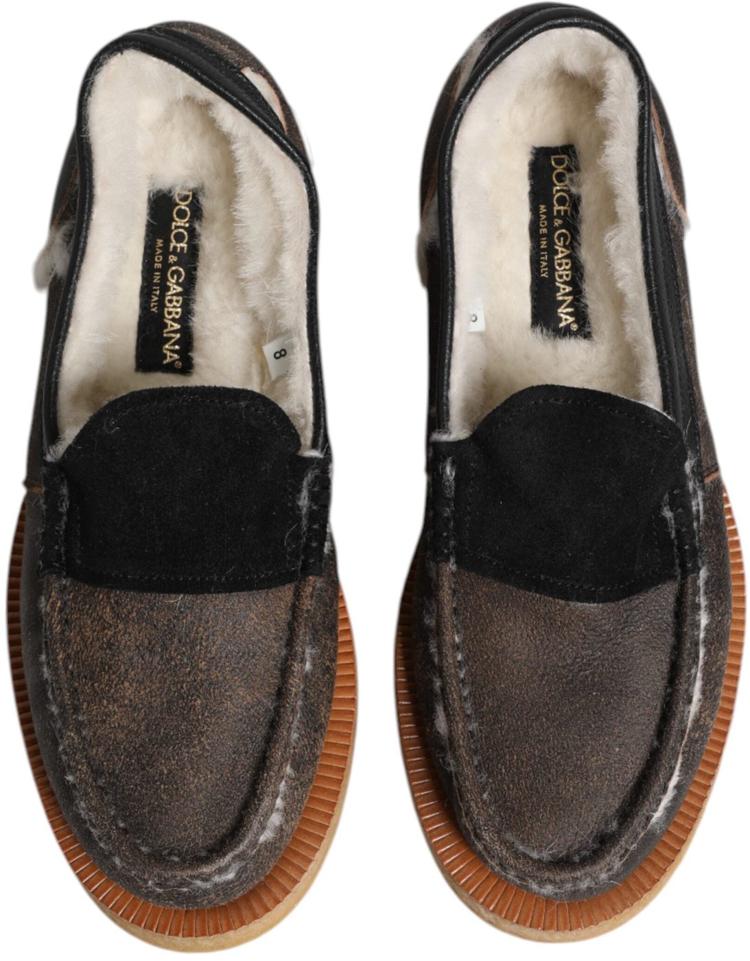 Dolce & Gabbana Brown White Calfskin Leather Loafers Shoes