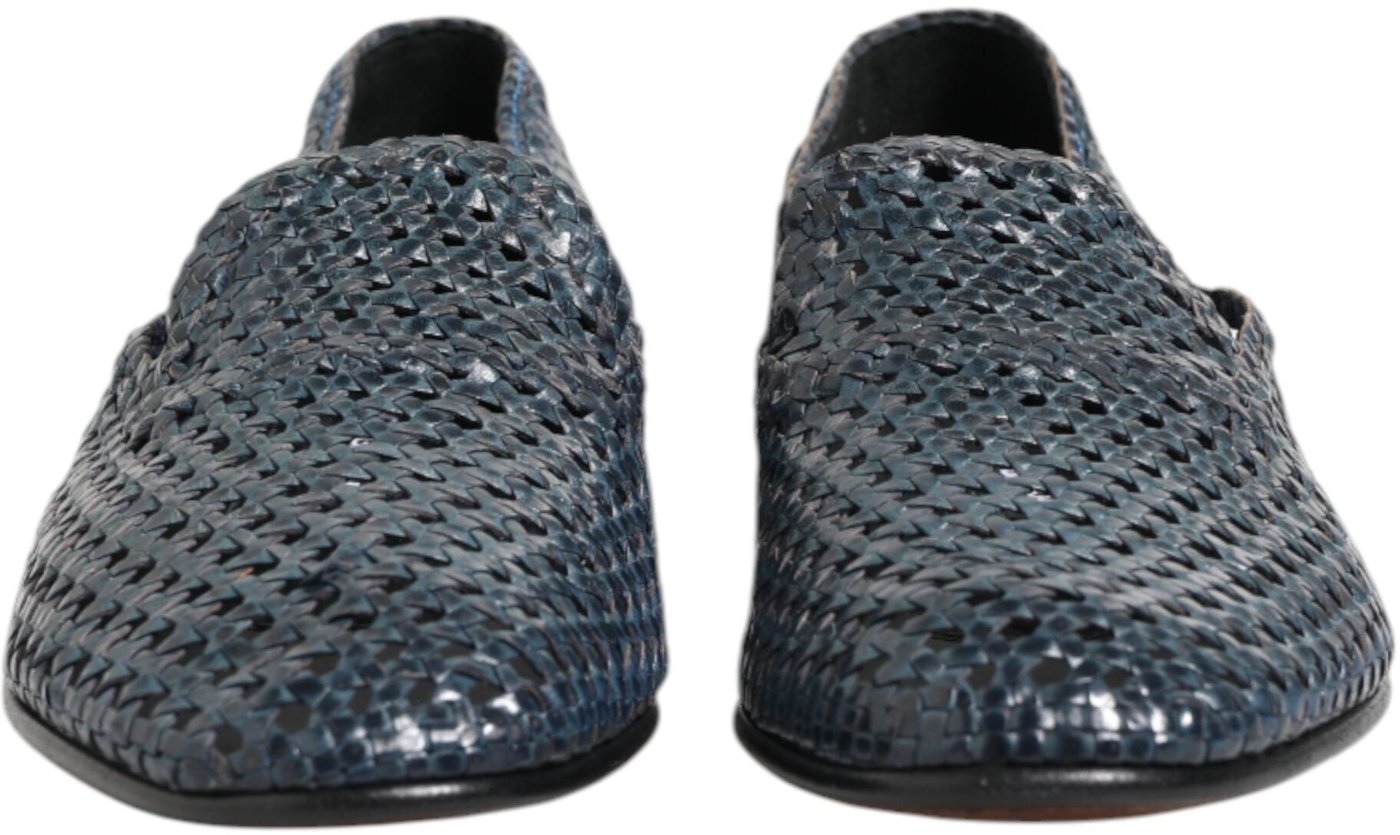 Dolce & Gabbana Blue Woven Leather Slip On Loafers Shoes